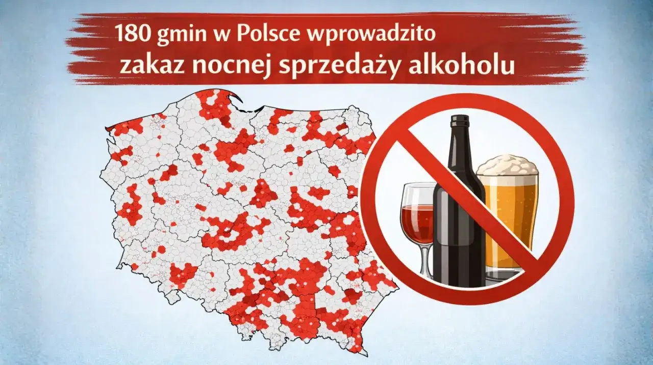 Mapa Polski z zaznaczonymi na czerwono gminami, gdzie wprowadzono prohibicję nocnej sprzedaży alkoholu. Obok symbol zakazu.