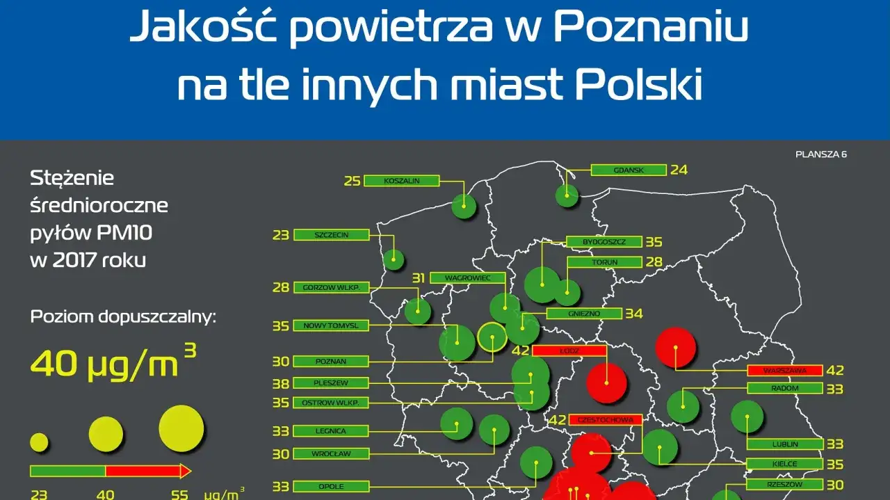 Mapa Poznania z zaznaczonymi stacjami pomiaru jakości powietrza