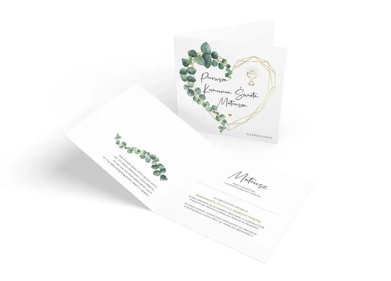 zaproszenie komunijne z cytatem z Pisma Świętego na tle liści eukaliptusa