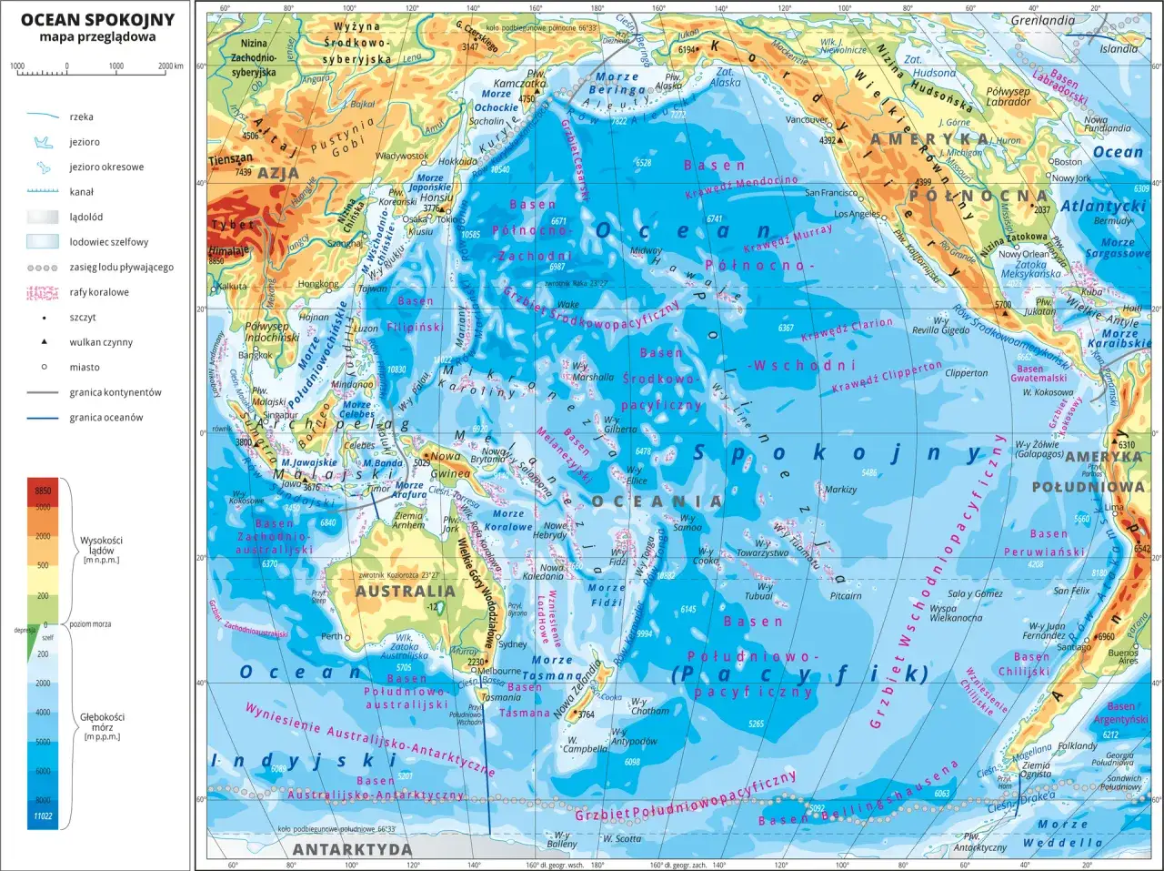Mapa Pacyfiku pokazuje, czy się różni ocean od morza. Widzimy kontynenty, wyspy, głębokości i nazwy mórz.