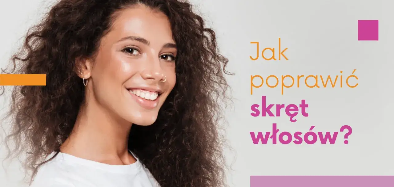 Uśmiechnięta kobieta z burzą kręconych włos&oacute;w. Tekst: 