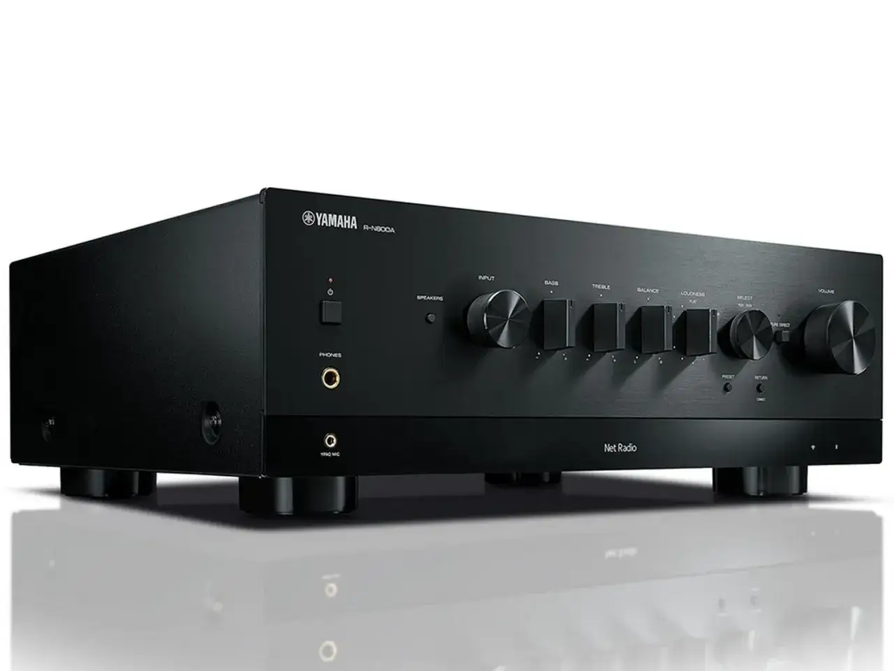 Czarny amplituner Yamaha R-N803D z pokrętłami i przyciskami. Lepszy niż amplituner Denon?