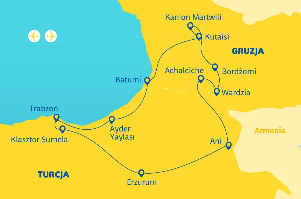 Mapa turystyczna Gruzji i okolic. Trasa obejmuje Batumi, Kutaisi, Wardzię. Czy w Gruzji jest bezpiecznie? Tak, mapa pokazuje popularne miejsca turystyczne.
