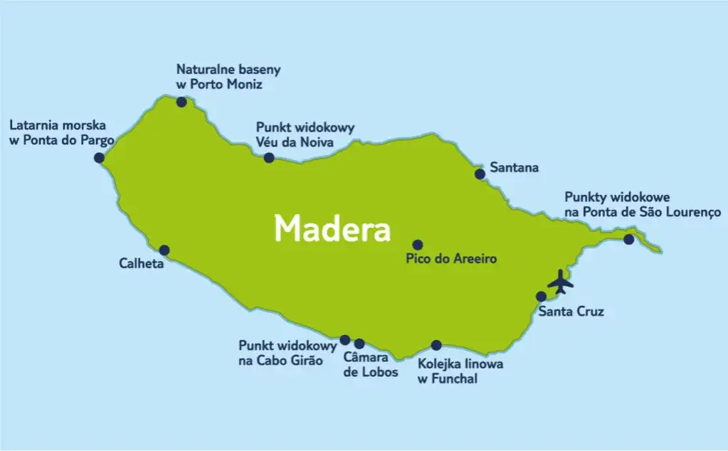 Mapa Madery z podziałem na regiony noclegowe i atrakcje