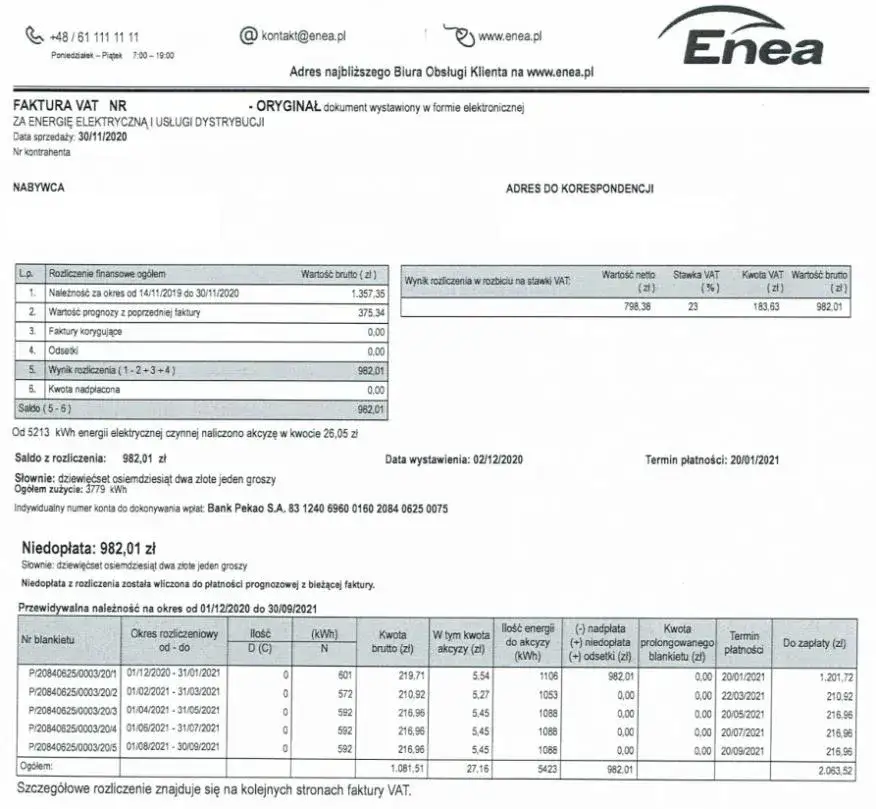Przykładowa faktura Enea z zaznaczonymi cenami energii