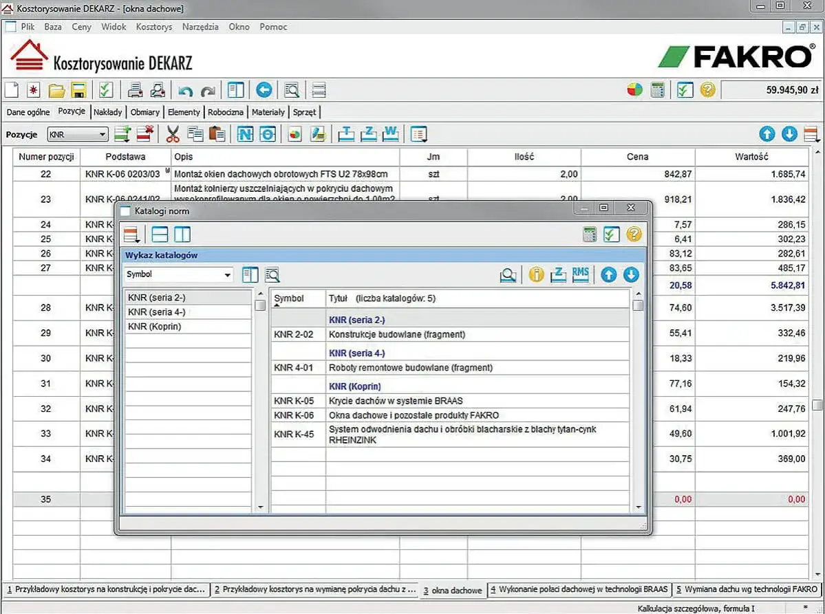 Program do kosztorysowania dachów. Widok pokazuje pozycje robocizny, materiałów i ceny, pomagając oszacować, ile biorą dekarze za dach.