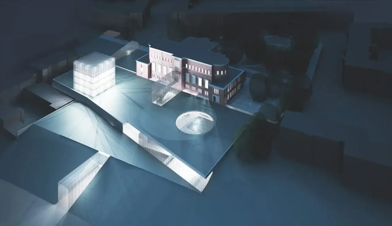 Nowoczesny budynek Teatru Polskiego w Szczecinie, kiedy otwarcie? Wizualizacja architektoniczna ukazuje teatr z futurystycznymi elementami.