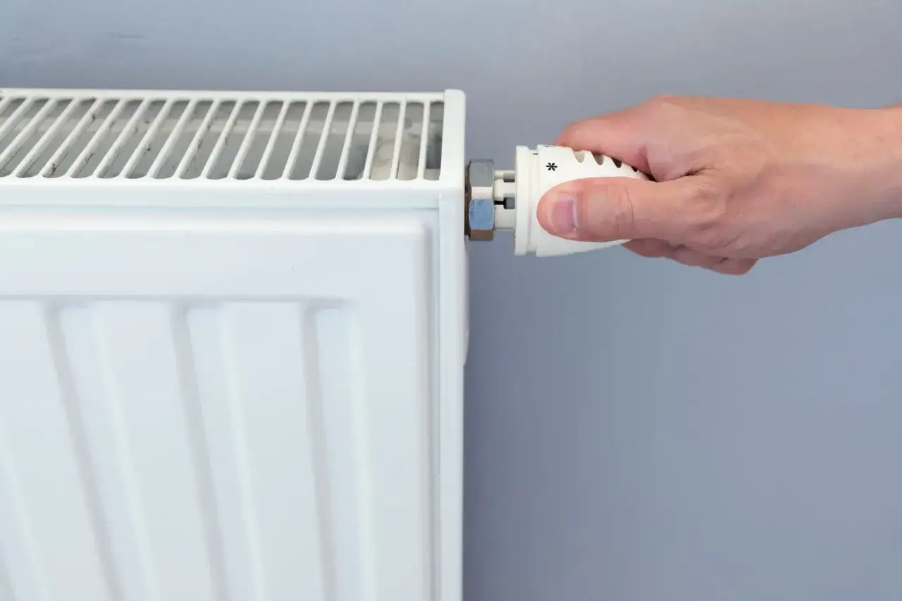 Dłoń reguluje termostat na białym grzejniku konwekcyjnym elektrycznym, zapewniając komfort cieplny.