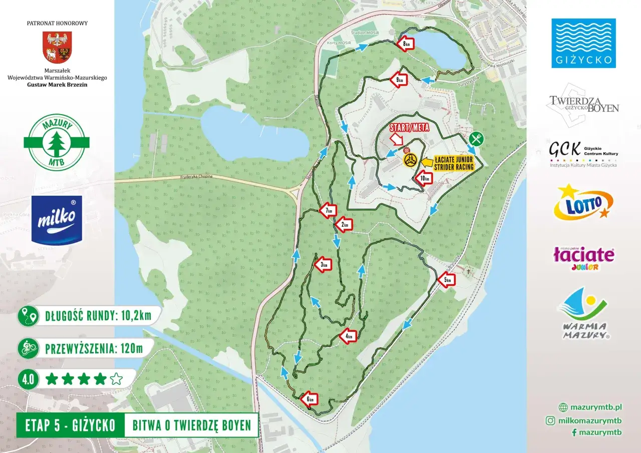 Mapa tras rowerowych Mazury, etap 5 Giżycko. Trasa 10,2 km, przewyższenia 120m. Start/Meta przy Twierdzy Boyen.