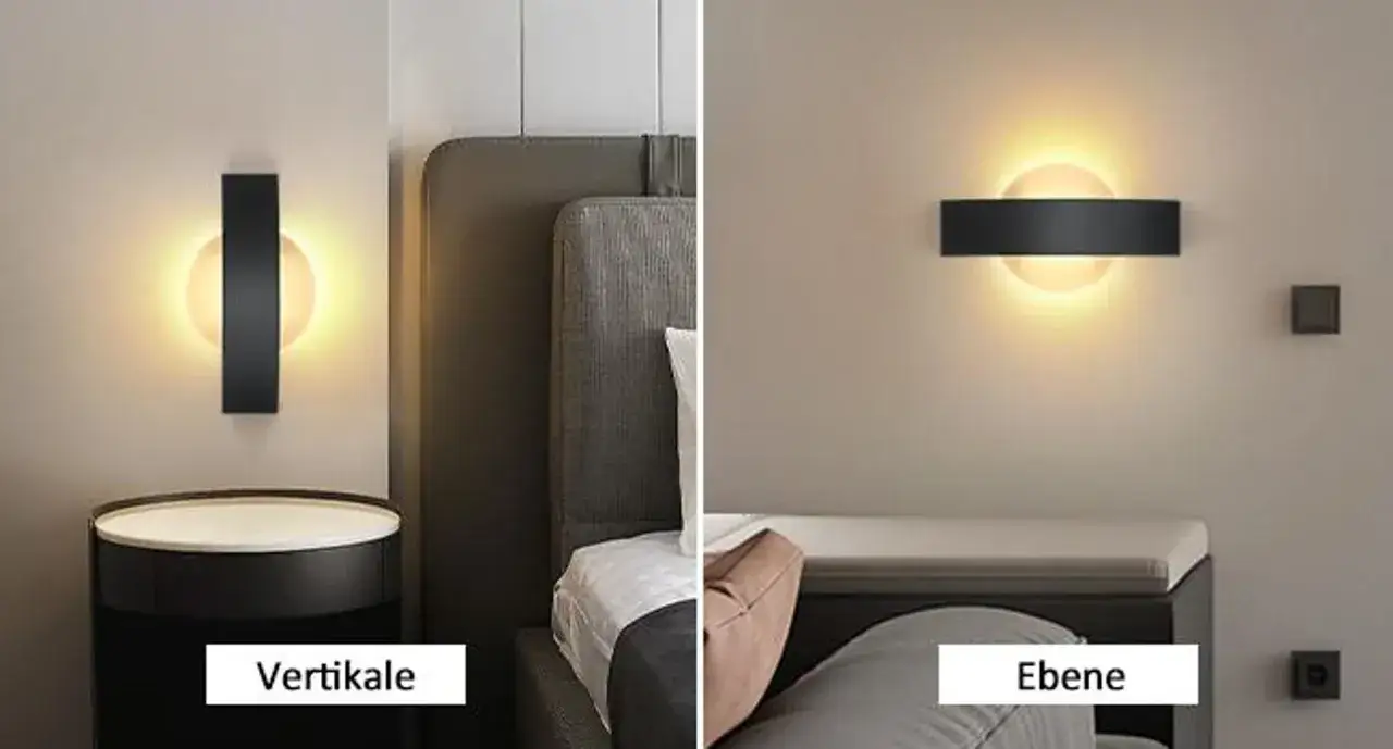 Nowoczesna lampa led ścienna w dwóch odsłonach: pionowej i poziomej, tworząca nastrojowe światło nad łóżkiem.