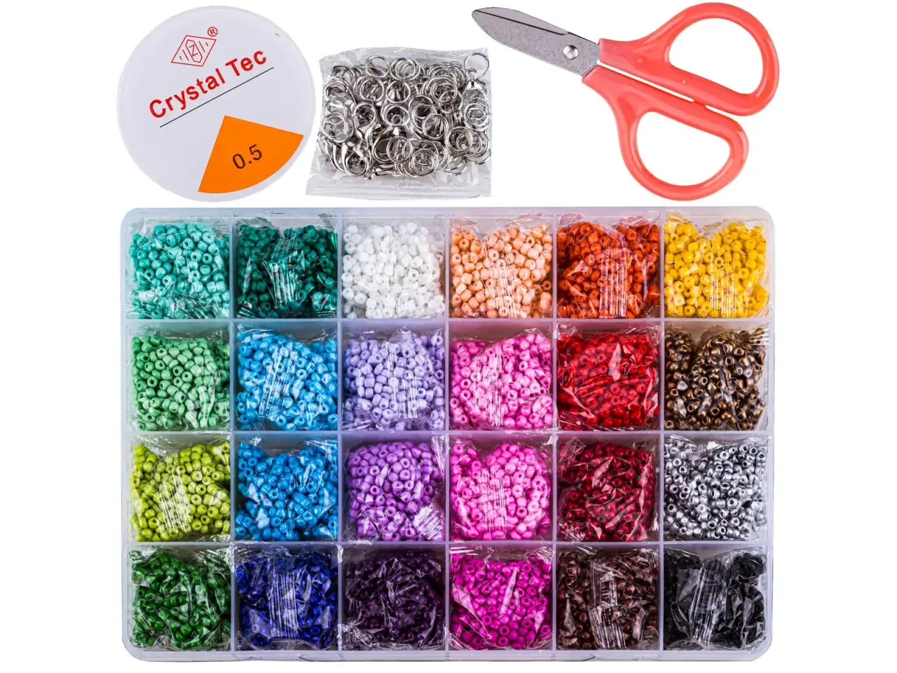 Zestaw do tworzenia biżuterii: kolorowe koraliki, żyłka, zapięcia i nożyczki. Idealne miejsce, gdzie kupić koraliki do biżuterii dla kreatywnych!