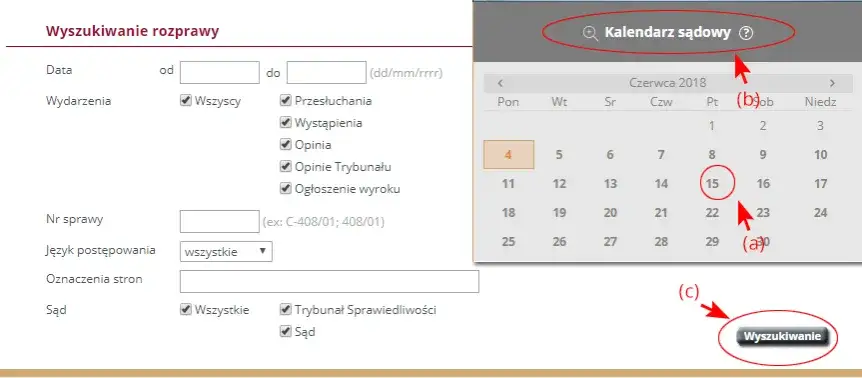 Kalendarz z zaznaczonymi dniami i pieczęć sądowa