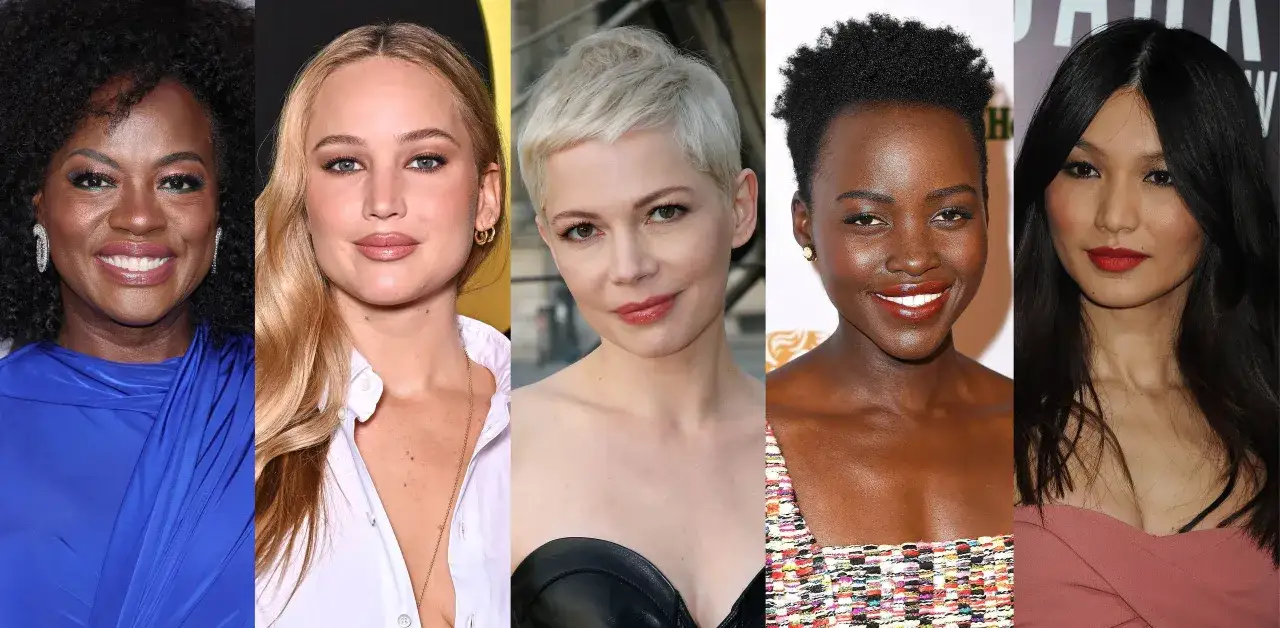 Viola Davis, Jennifer Lawrence, Michelle Williams, Lupita Nyong'o i Gemma Chan. Okrągła twarz Michelle Williams z krótką fryzurą.