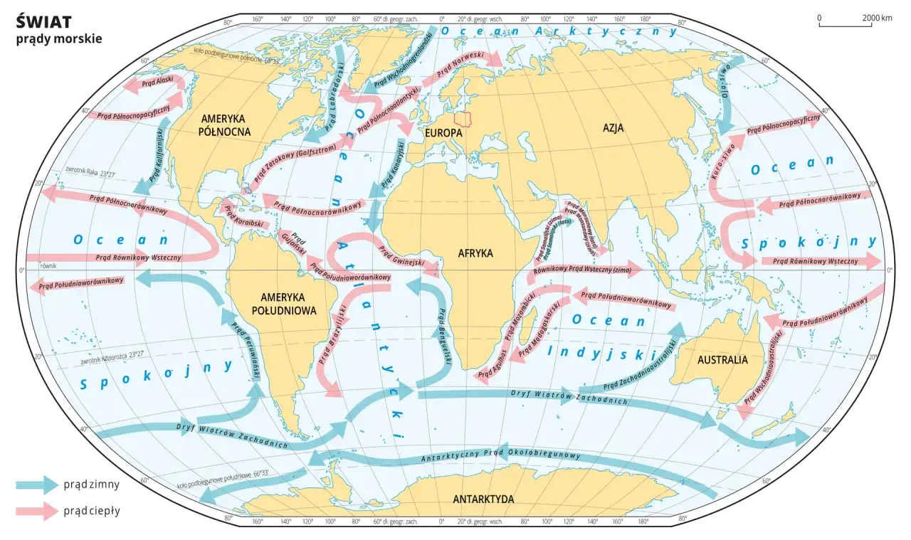 Mapa świata z prądami morskimi. Pokazuje, ile jest mórz na świecie, ich nazwy i kierunki prądów.