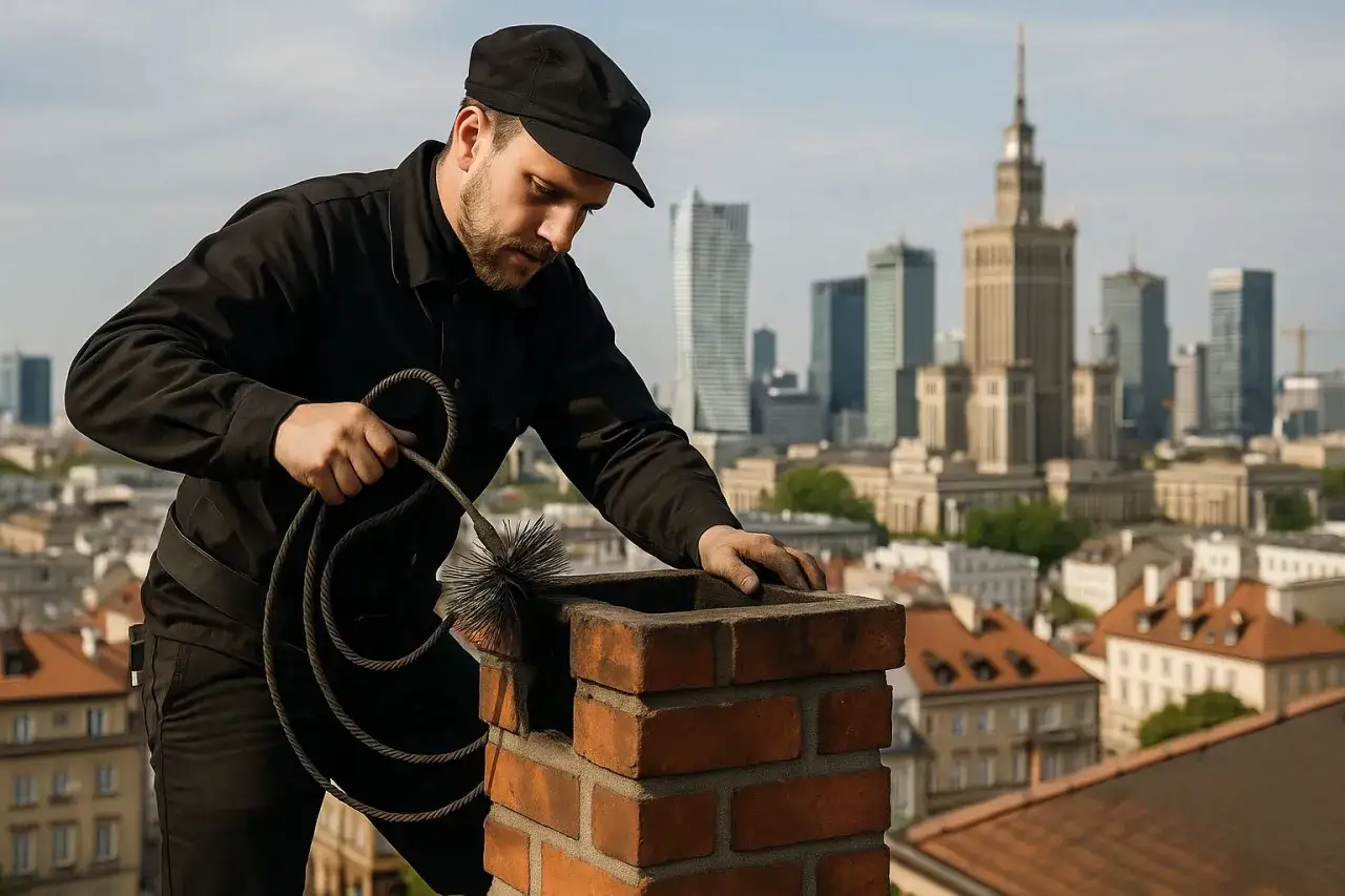 Kominiarz czyści komin na dachu. Zastanawiasz się, ile kosztuje szlamowanie komina? Sprawdź ceny usług kominiarskich.