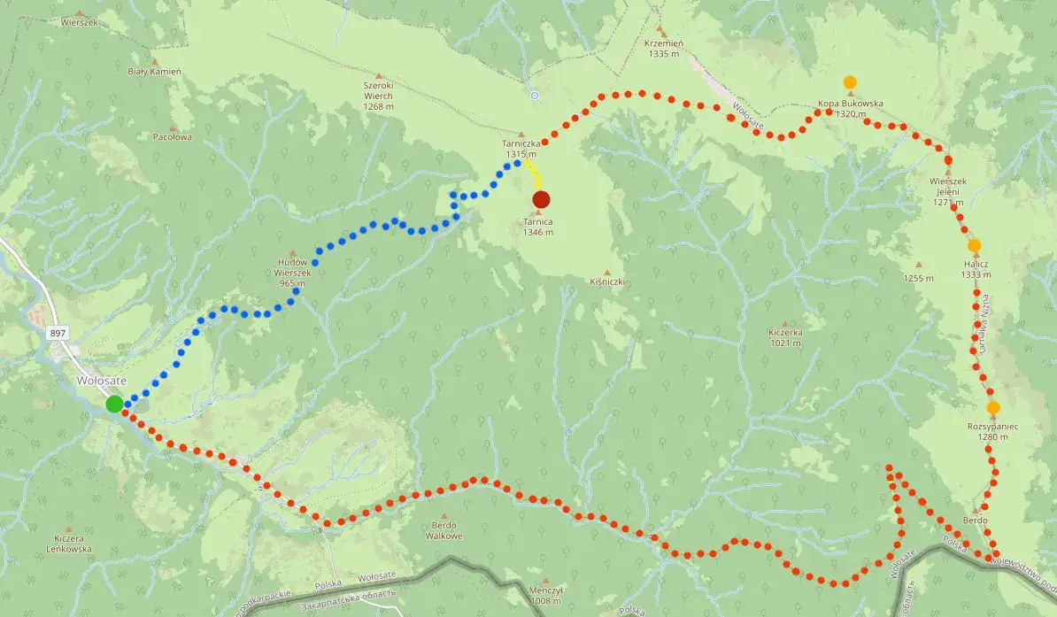 Porównanie szlaków Tarnica mapa