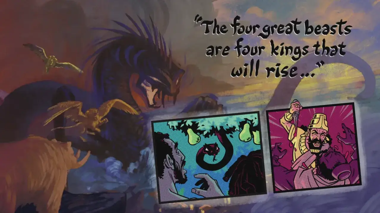 Mroczna wizja końca świata: smok, gryfy, bestia i komiksowe sceny symbolizujące upadek.