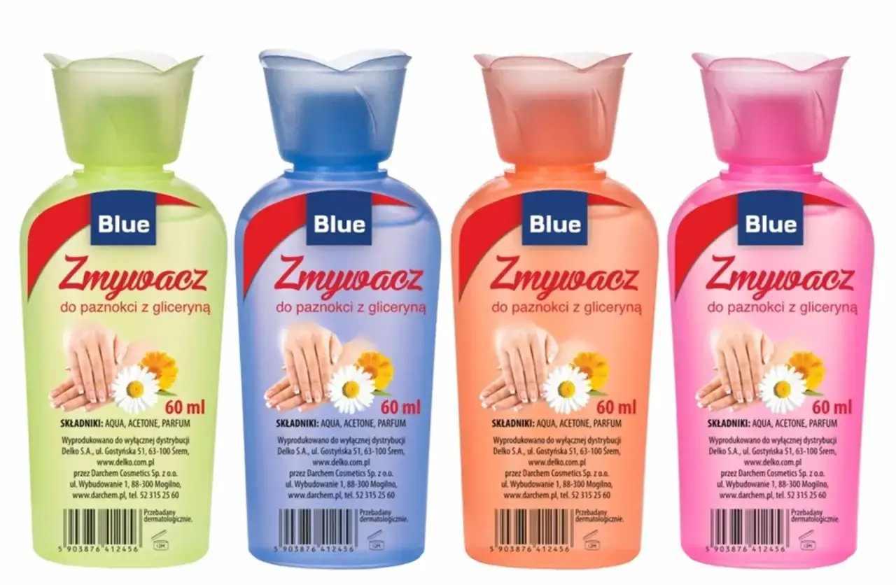 Cztery butelki zmywacza do paznokci Blue z gliceryną w kolorach zielonym, niebieskim, pomarańczowym i różowym. Czy zmywacz do paznokci odtłuszcza? Tak, ten z acetonem.
