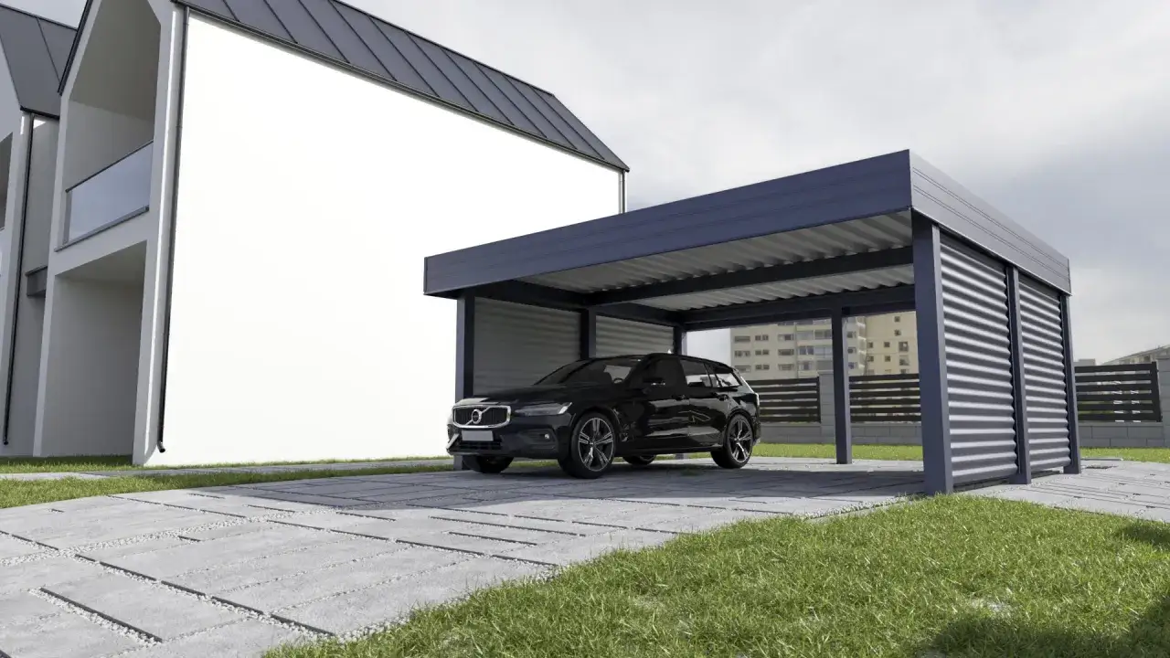 Nowoczesna wiata na 2 samochody projekt. Czarny SUV zaparkowany pod zadaszeniem obok białego domu.