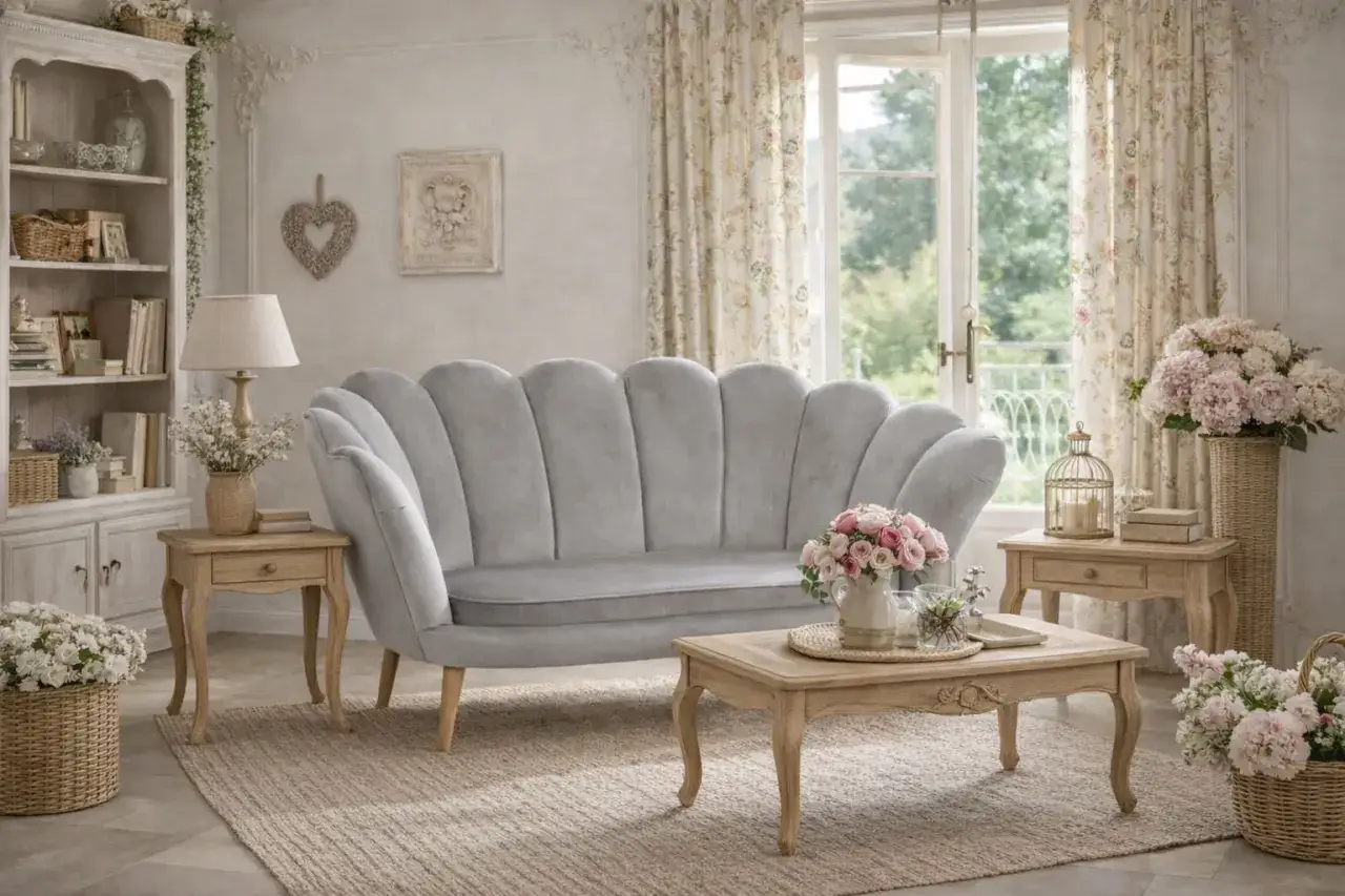 Przytulny salon w stylu prowansalskim: szara kanapa, drewniane meble, bukiety kwiat&oacute;w i jasne zasłony.