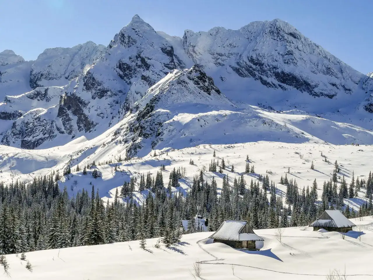 Zimowy krajobraz Tatr z ośnieżonymi szczytami, lasem świerkowym i chatkami. Idealne miejsce, by zastanowić się, jaki szlak zimą w Tatrach wybrać.