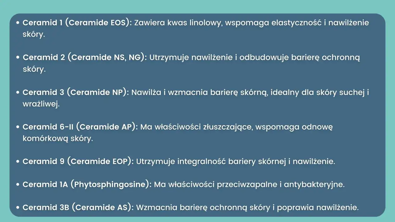 Lista ceramid&oacute;w i ich zastosowań: nawilżanie, odbudowa bariery, elastyczność. Dowiedz się, z czym łączyć ceramidy dla zdrowej sk&oacute;ry.