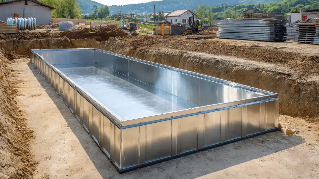 Budowa basenu przy domu w tej fazie to dopiero początek. Metalowa niecka czeka na wykończenie.