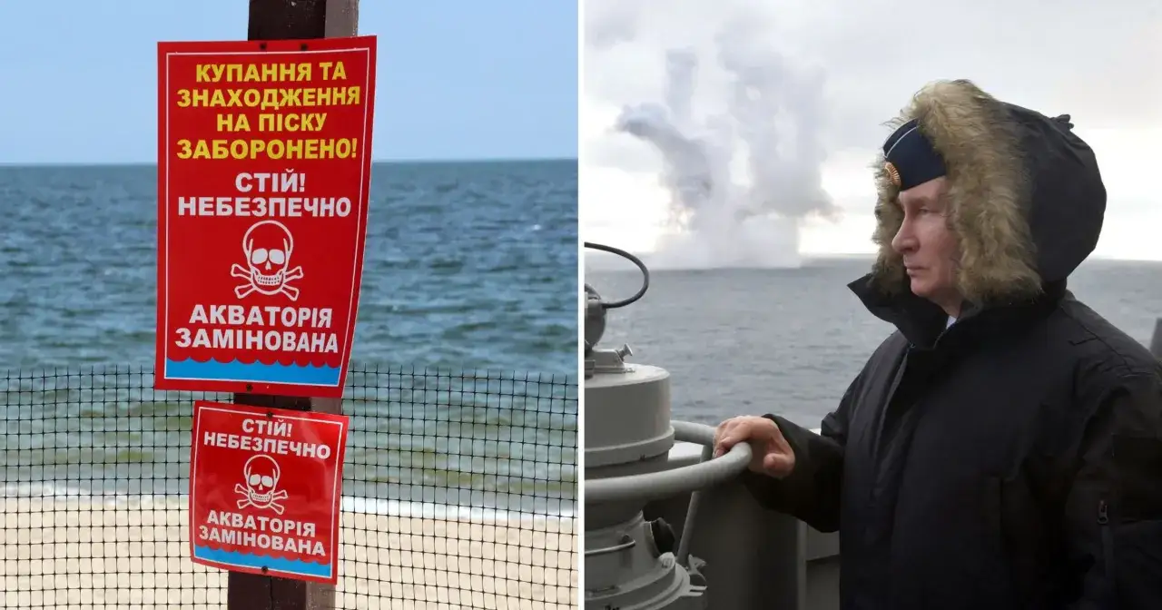 Ostrzeżenie o minach na plaży i morzu. Czy Morze Czarne jest bezpieczne? W tle widać eksplozję na wodzie.