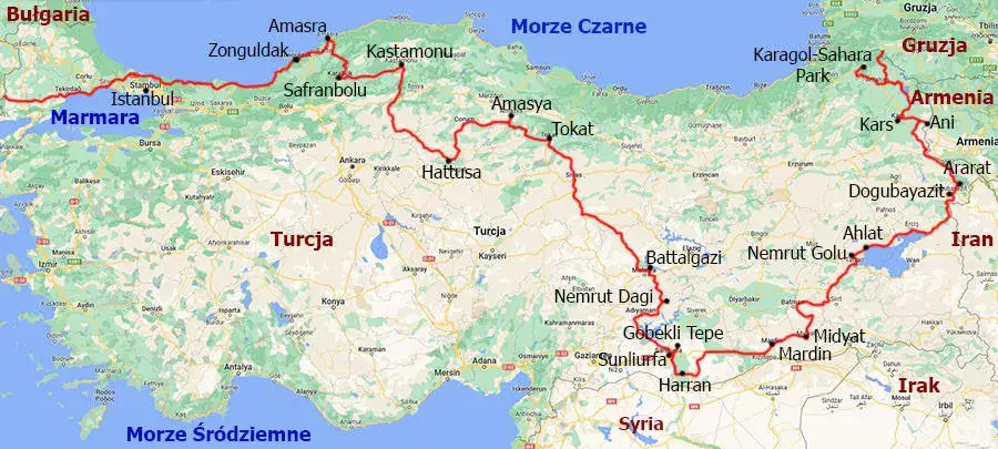 mapa Turcji z zaznaczonymi regionami turystycznymi i granicą z Syrią