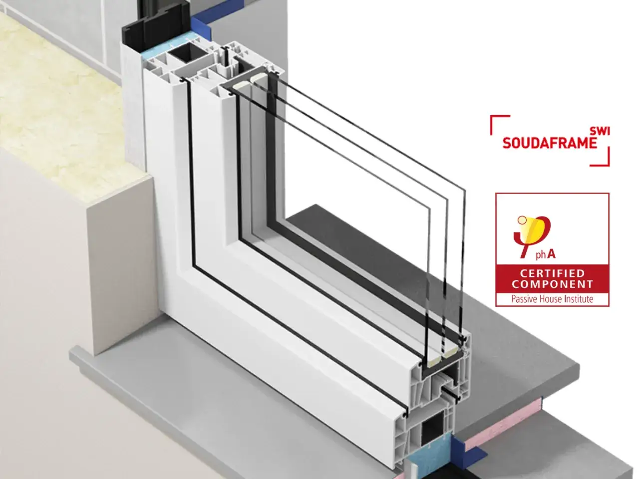 Przekrój okna z potrójnymi szybami i wielokomorowym profilem, pokazujący izolację i certyfikat Passive House. Idealne glify okienne wewnętrzne.