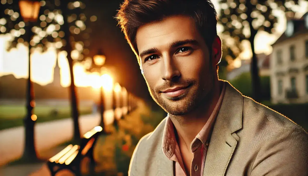 Uśmiechnięty mężczyzna w eleganckim stroju, w tle zach&oacute;d słońca i parkowa aleja. To idealny moment na romantyczne zagrywki zakochanego faceta.