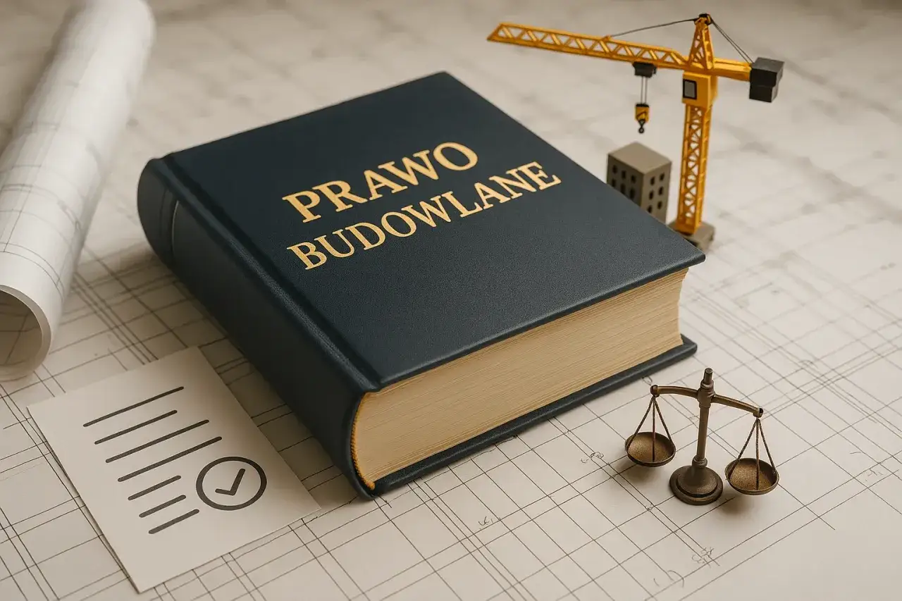 Prawo budowlane, dokument potwierdzający oddanie budynku do użytkowania, waga sprawiedliwości i makieta dźwigu budowlanego.