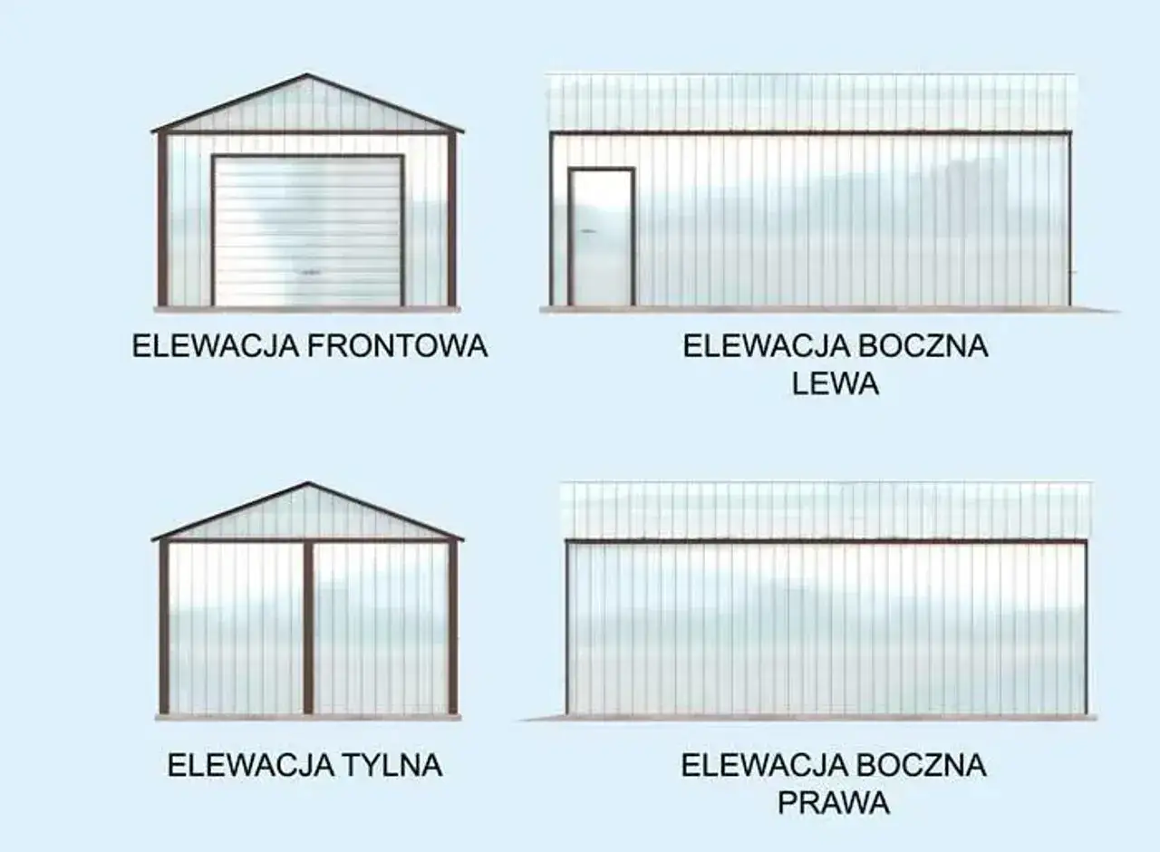 R&oacute;żne elewacje projektu garażu blaszanego: frontowa z bramą, tylna z dwoma skrzydłami, lewa i prawa boczna.