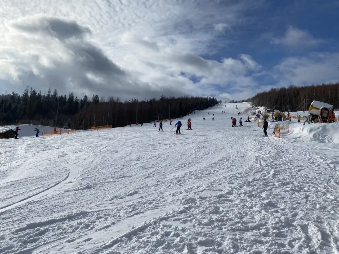 Słoneczny dzień na otwartych stokach narciarskich Wisła. Narciarze i snowboardziści cieszą się jazdą po ośnieżonych trasach, a w tle widać las i maszyny do naśnieżania.