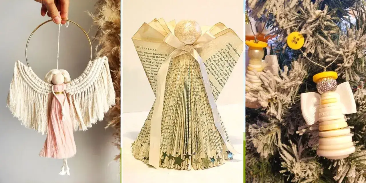 Trzy urocze aniołki: makramowy, z książki i z guzików. Każdy aniołek z włóczki i innych materiałów to wyjątkowa ozdoba.