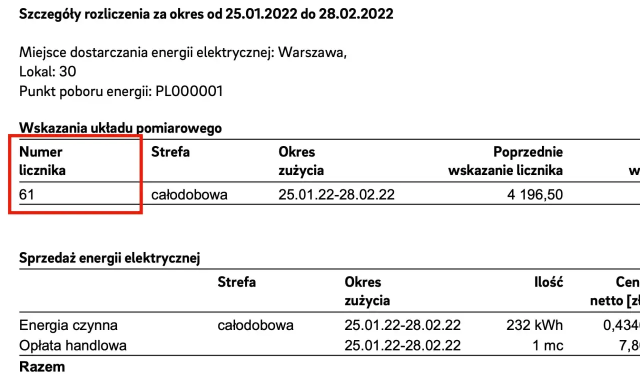 Szczegóły rozliczenia prądu: numer licznika 61, okres 25.01-28.02.22. Informacje pomocne, gdy zastanawiasz się, jak przepisać licznik prądu.