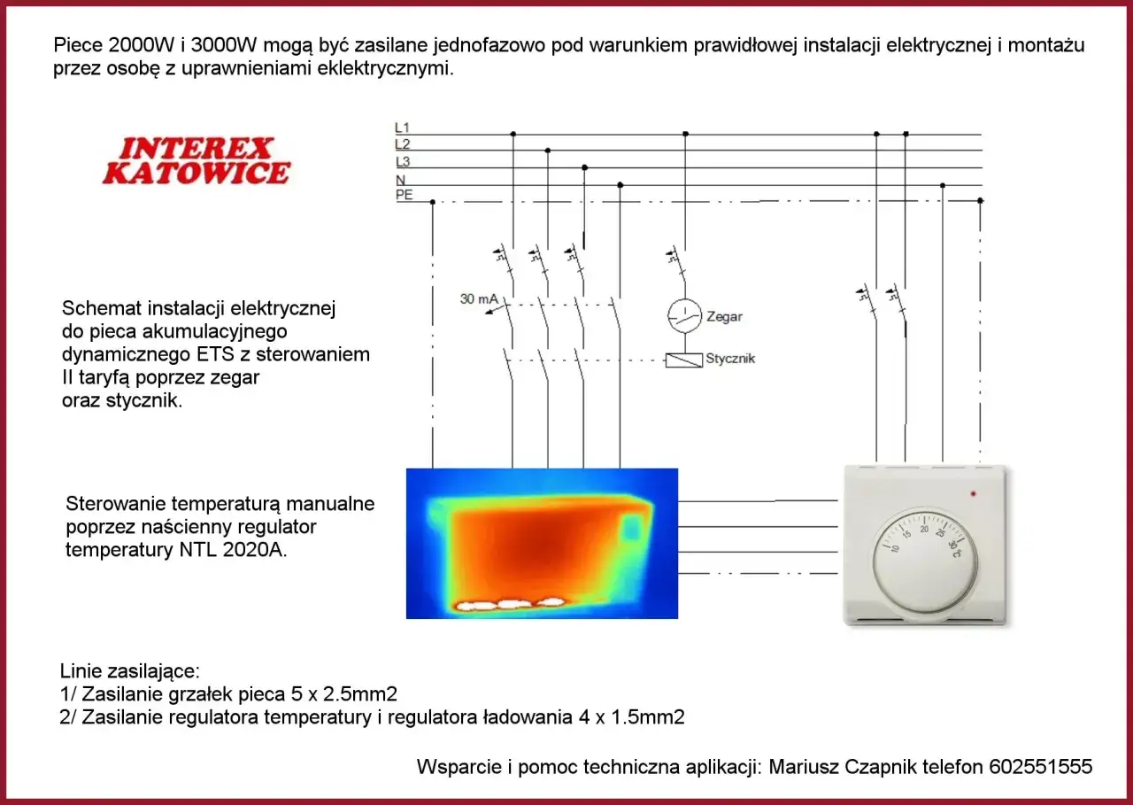 Schemat instalacji pieca akumulacyjnego Dimplex z zegarem i stycznikiem. Sterowanie manualne termostatem NTL 2020A.