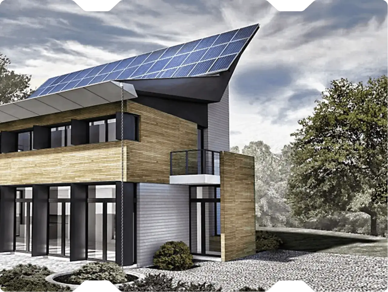 Nowoczesny dom z panelami słonecznymi na dachu. To świetny przykład, jak wykorzystać zalety energii słonecznej dla ekologicznego i oszczędnego życia.