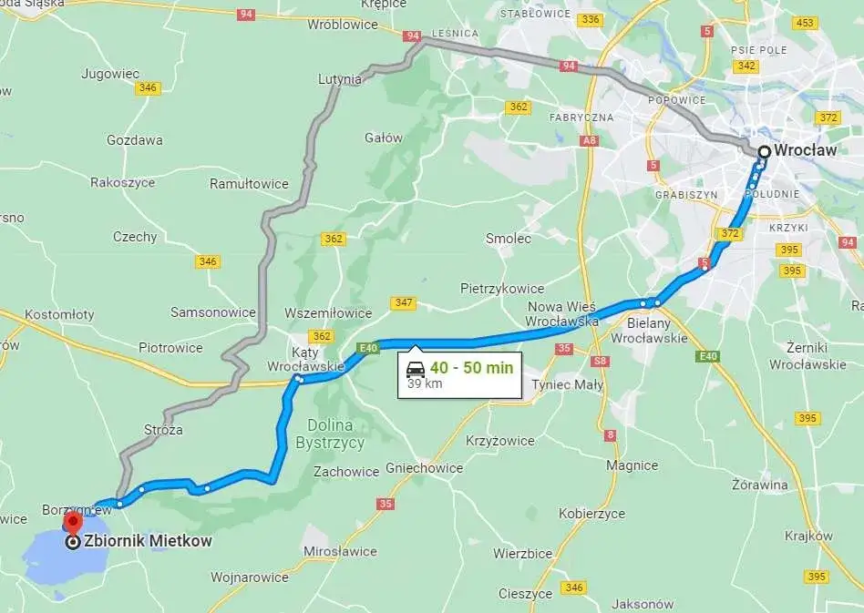 Mapa jezior dolnośląskich z zaznaczonymi lokalizacjami domków