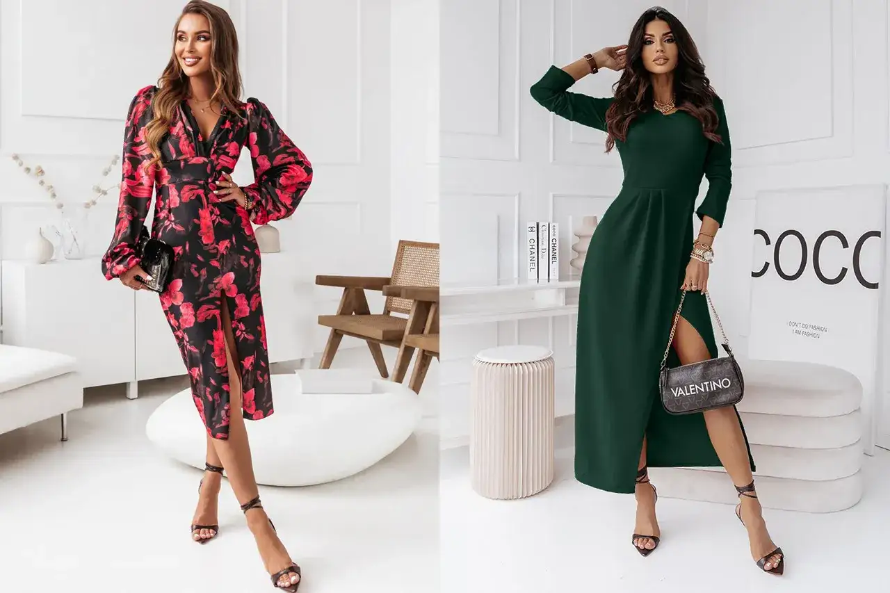 Elegancka kobieta w sukience na wesele, uśmiechnięta, pewna siebie