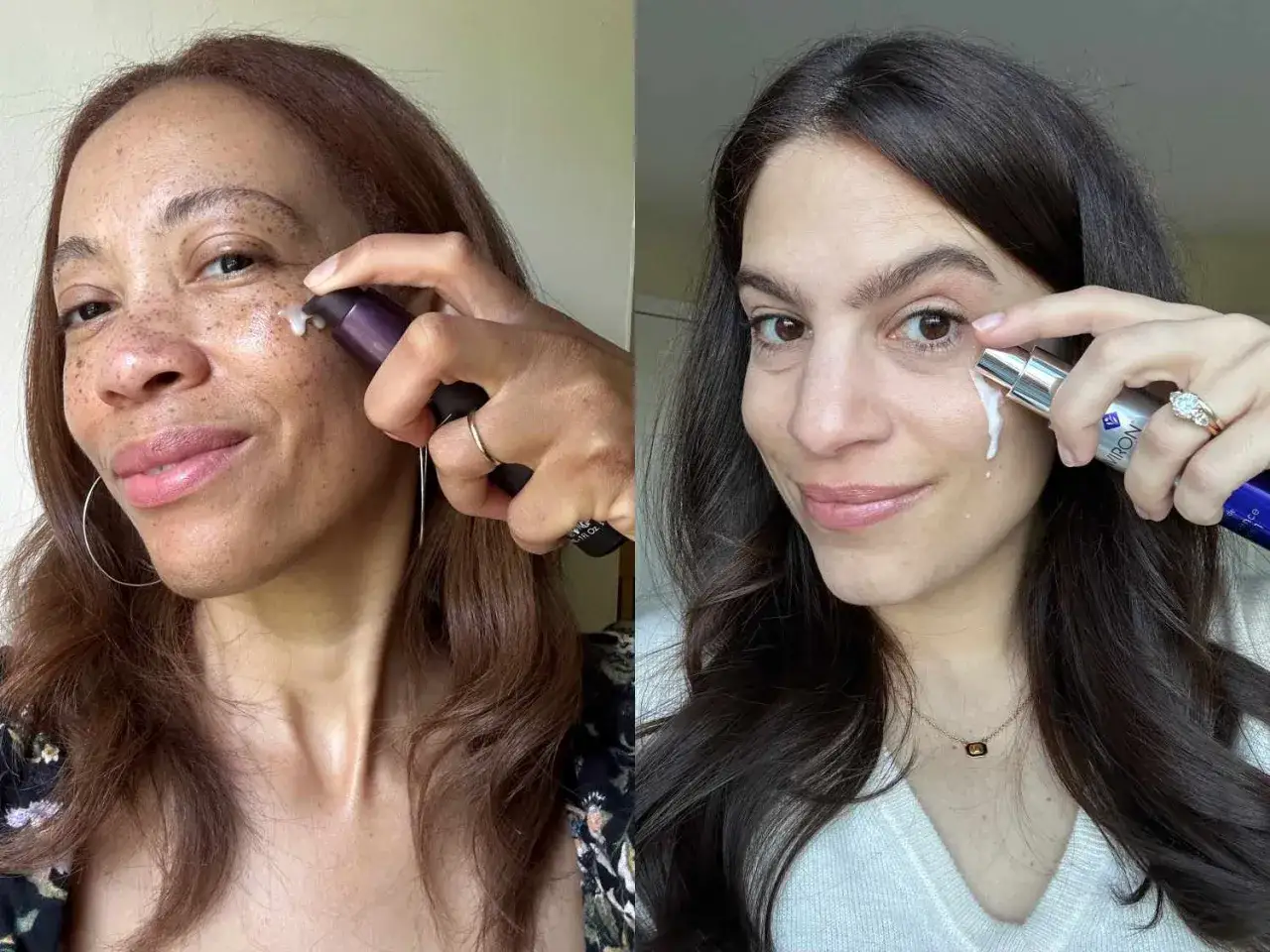 Dwie kobiety aplikują krem pod oczy, szukając sposobu, jak odmłodzić twarz.