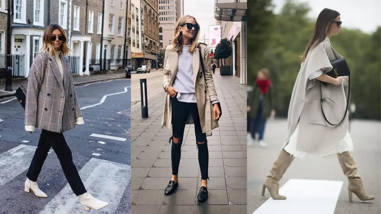 Trzy kobiety w miejskich stylizacjach. Jedna w beżowych botkach, druga w czarnych mokasynach, trzecia w zamszowych kozakach. Buty dwa różne kolory.