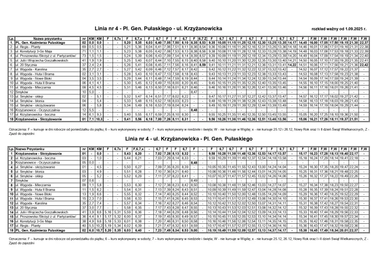 Rozkład jazdy linii 4 - busy Bochnia Żegocina.