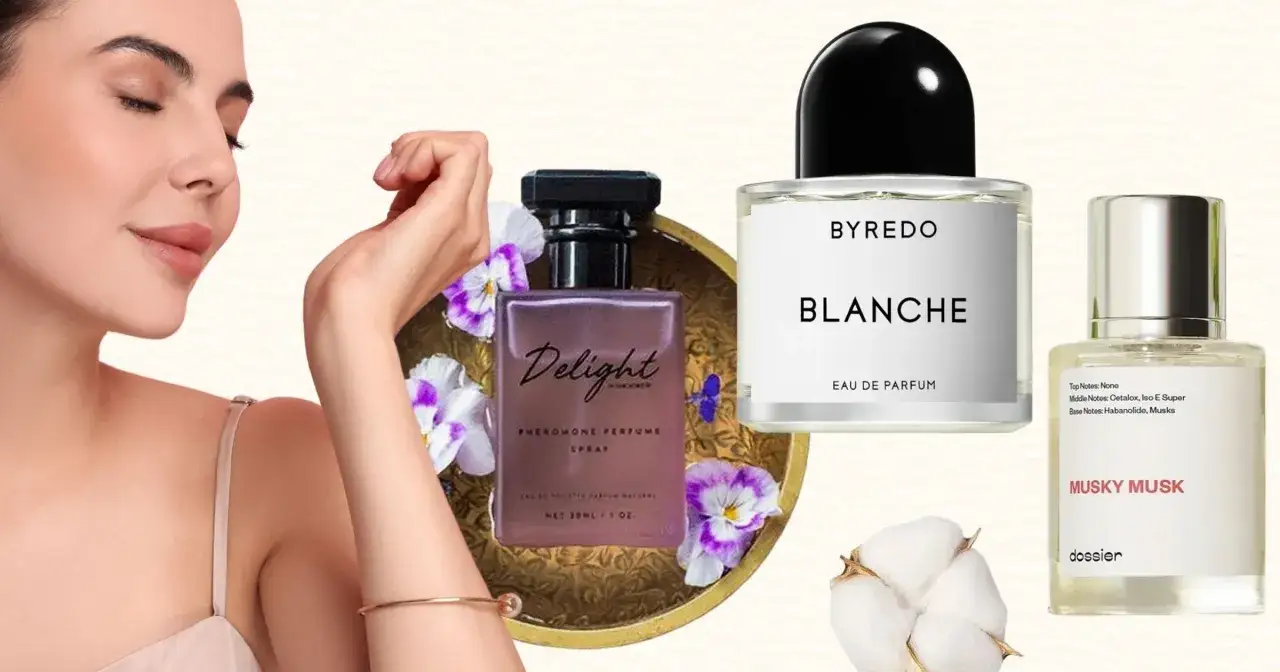 Kobieta wącha perfumy, pokazując, jak działają perfumy z feromonami. W tle butelki perfum i bawełna.