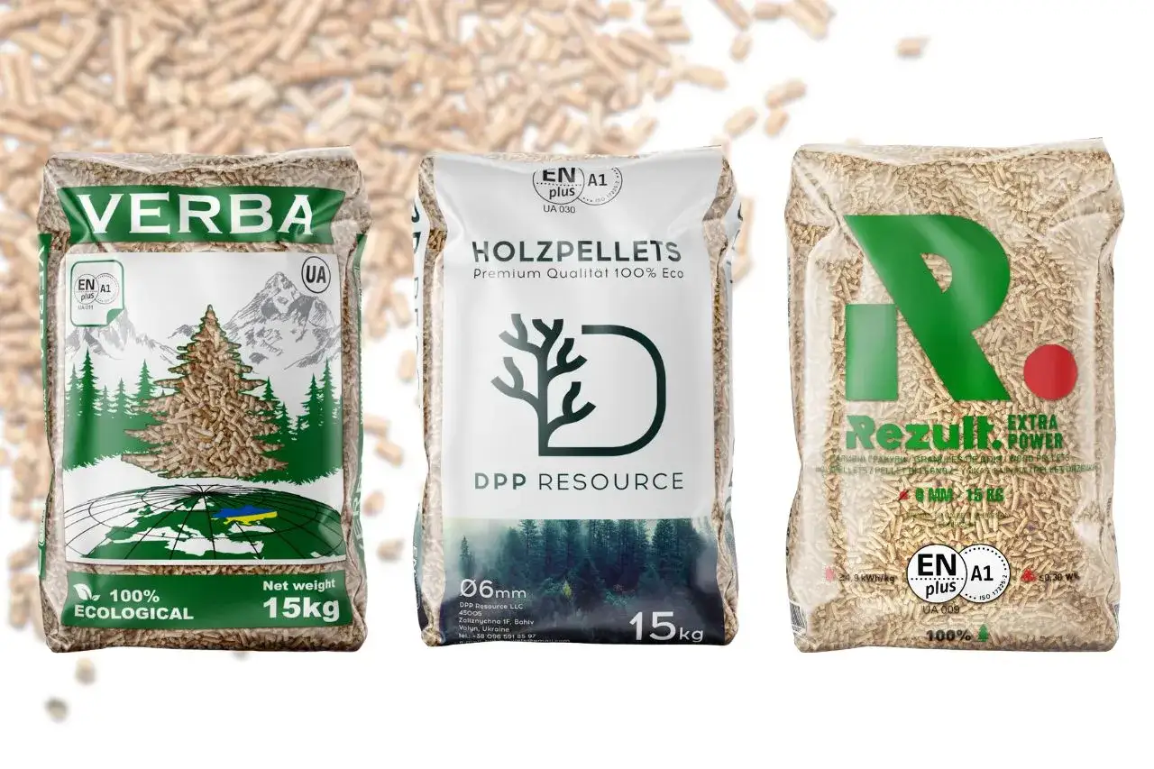 Trzy worki pelletu drzewnego: Verba, Holzpellets i Rezult. Szukasz najtańszy pellet z dostawą?