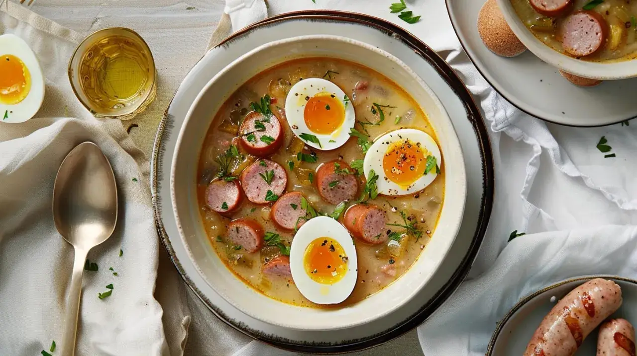 Miseczka żurku z kiełbasą i jajkiem na twardo, ozdobiona natką pietruszki.