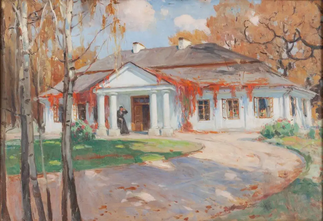 Dworek w jesiennej scenerii, z pnączem o czerwonych liściach. Postać w czarnej sukni stoi na werandzie. Obraz oddaje atmosferę młodej polskiej ramy czasowe.