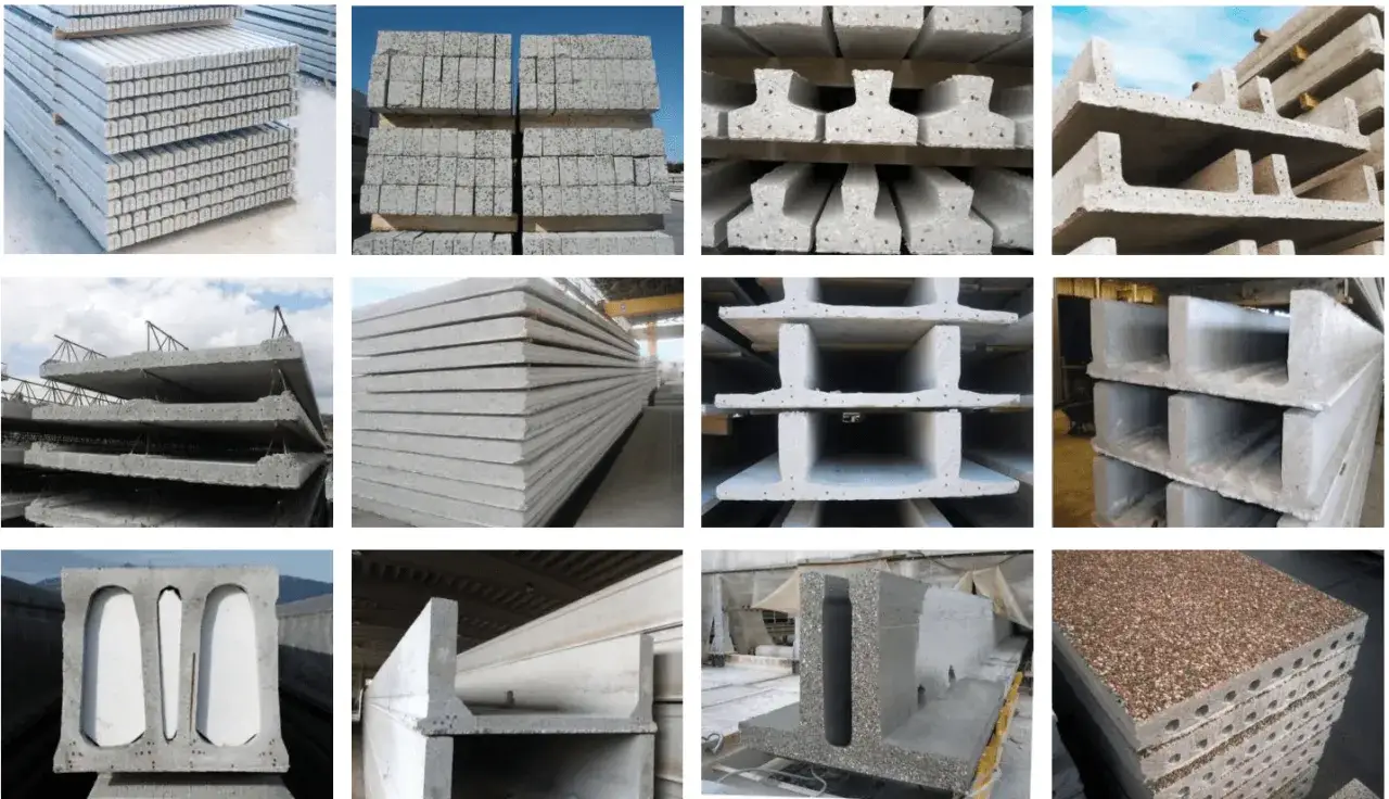 Różne rodzaje prefabrykowanych elementów betonowych, idealnych jako jaki beton na strop. Widoczne płyty kanałowe, belki stropowe i płyty pełne.