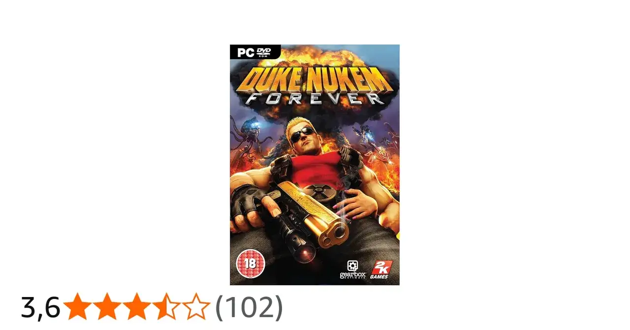 Okładka gry Duke Nukem Forever. Duke z pistoletem, w tle wybuchy i obcy.