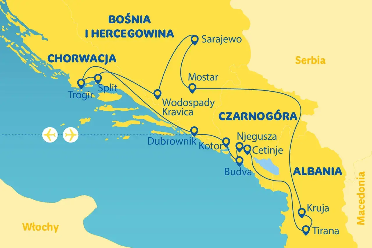 Mapa pokazuje trasę podróży przez Bałkany, od Chorwacji po Albanię. Ile leci się do Albanii z Polski? Mapa sugeruje loty z Polski do Chorwacji, a potem dalszą podróż lądową.